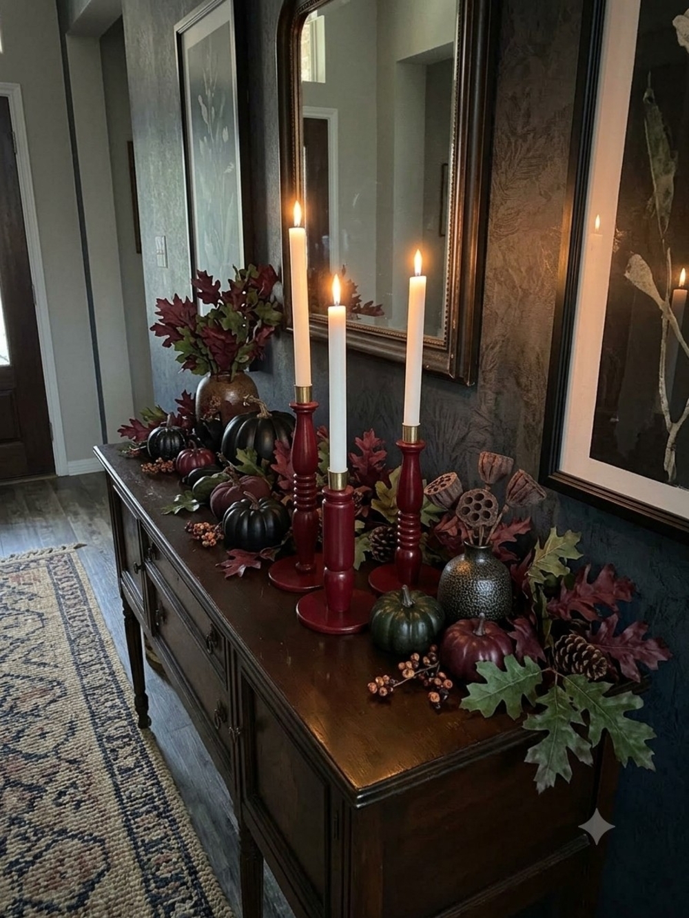 Set of 3 Red Burgundy Claret Wood Column Taper Candle Holders Brass Metal Cups